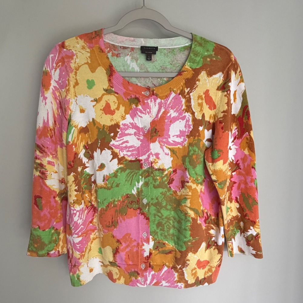 Talbots Cardigan Sweater 100% Pima Cotton Yellow Pink Floral Lightweight Large